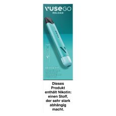 Packung E-Zigarette Vuse Go Reload Device Kit Pen Aqua. Mintgrüne Schachtel mit mintgrünem Vuse Gerät und Vuse Aufschrift.