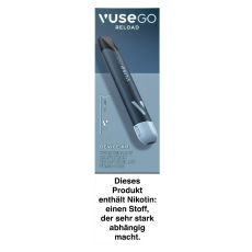 Packung E-Zigarette Vuse Go Reload Device Kit Pen Black. Schwarze Schachtel mit schwarzem Vuse Gerät und Vuse Aufschrift.