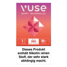 Packung Vuse Liquid Pod Berry Watermelon. Lila-rote Schachtel mit weißer Vuse Aufschrift und roten Quadraten.