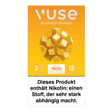 Packung Vuse Liquid Pods Blushed Mango 12mg/ml. Gelbe Schachtel mit Blume und weißer Vuse Aufschrift.