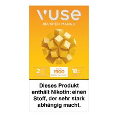 Packung Vuse Liquid Pods Blushed Mango 18mg/ml. Gelbe Schachtel mit Blume und weißer Vuse Aufschrift.