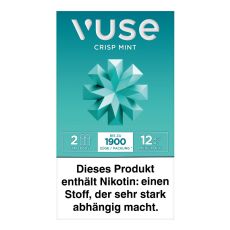 Packung Vuse Liquid Pods Crisp Mint 12mg/ml. Türkise Schachtel mit Blume und weißer Vuse Aufschrift.