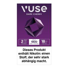 Packung Vuse Liquid Pods Dark Cherry 18mg/ml. Lila Schachtel mit Kreis und weißer Vuse Aufschrift.