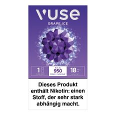 Packung Vuse Liquid Pod Grape Ice. Lila Schachtel mit weißer Vuse Aufschrift und lila Blüte mit Eiskristallen.