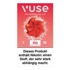 Packung Vuse Liquid Pod Watermelon Ice. Hellrote Schachtel mit weißer Vuse Aufschrift und roter Blüte.