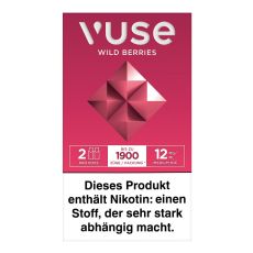 Packung Vuse Liquid Pods Wild Berries 12mg/ml. Bordeaux rote Schachtel mit mit Quadrat und weißer Vuse Aufschrift.