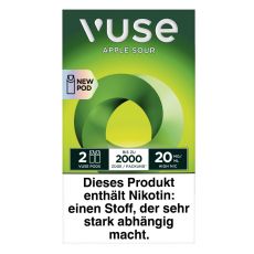 Packung Vuse Liquid Pods Apple Sour. Grüne Schachtel mit Kreis und weißer Vuse Aufschrift.