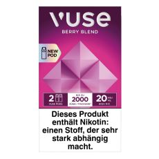 Packung Vuse Liquid Pods Berry Blend. Dunkelrosa Schachtel mit Quadraten und weißer Vuse Aufschrift.