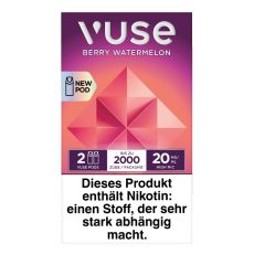 Packung Vuse Liquid Pod Berry Watermelon. Lila-rote Schachtel mit weißer Vuse Aufschrift und roten Quadraten.