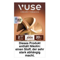 Packung Vuse Liquid Pods Creamy Tobacco. Braune Schachtel mit Blume und weißer Vuse Aufschrift.