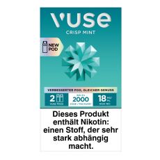 Packung Vuse Liquid Pods Crisp Mint 18mg/ml. Türkise Schachtel mit Blume und weißer Vuse Aufschrift.