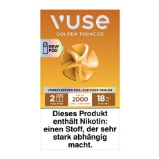 Packung Vuse Liquid Pods Golden Tobacco. Goldene Schachtel mit mit Blume und weißer Vuse Aufschrift.