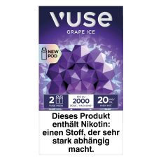 Packung Vuse Liquid Pod Grape Ice. Lila Schachtel mit weißer Vuse Aufschrift und lila Blüte mit Eiskristallen.