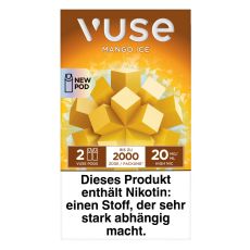 Packung Vuse Liquid Pods Mango Ice. Gelbe Schachtel mit Würfel weißer Vuse Aufschrift.