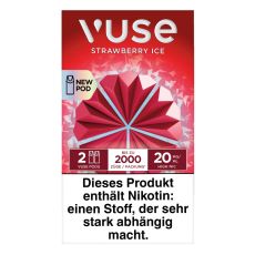 Packung Vuse Liquid Pods Strawberry Ice. Rote Schachtel mit Blume und weißer Vuse Aufschrift.