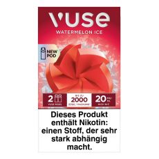 Packung Vuse Liquid Pod Watermelon Ice. Hellrote Schachtel mit weißer Vuse Aufschrift und roter Blüte.