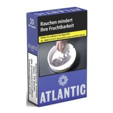 Packung Zigaretten Atlantic Blue. Blaue Schachtel mit weißem Atlantic Logo mit Stern.