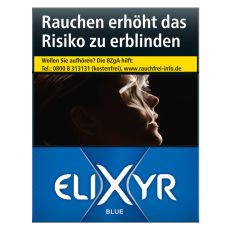 Schachtel Zigaretten Elixyr Blue XXL. Große blaue Packung mit weißem Elixyr Logo und großem X.