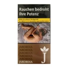 Schachtel Zigaretten Jakordia Gold Long. Schmale goldene Packung mit Jakordia Aufschrift und weißem J mit weißen Blättern.