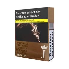 Schachtel Zigaretten Jakordia Gold. Goldene Packung mit Jakordia Aufschrift und weißem J mit weißen Blättern.