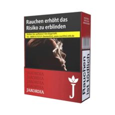 Schachtel Zigaretten Jakordia Red. Große rote Packung mit Jakordia Aufschrift und weißem J mit weißen Blättern.