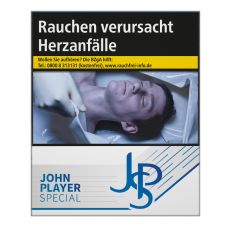 Schachtel Zigaretten John Player Special blau. Weiße Packung mit grau-blauem JPS Logo.