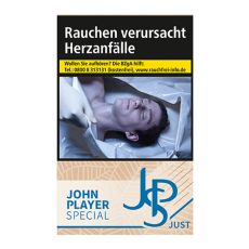 Schachtel John Player Special Zigaretten Just Bleu. Beige Packung mit Blattmaserung und blauem JPS Logo.