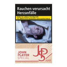 Schachtel John Player Special Zigaretten Just Red. Beige Packung mit Blattmaserung und rotem JPS Logo.