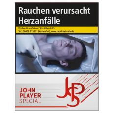 Schachtel Zigaretten John Player Special rot 35 Stück. Weiße Packung mit grau-rotem JPS Logo.