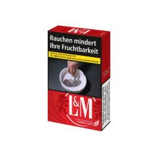 Schachtel Zigaretten L&M rot 20 Stück. Rote Packung mit Löwen und weißem L&M Logo.