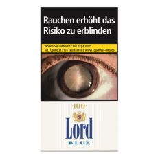 Schachtel Zigaretten Lord Blau 100 Long. Schmale weiße Packung mit blauer Lord Aufschrift und goldenem Siegel.