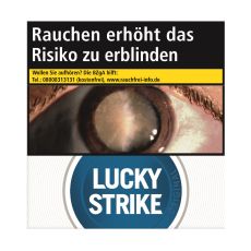 Schachtel Zigaretten Lucky Strike Blue Hercules. Sehr große weiße Packung mit blauem Lucky Strike Logo und Auge.