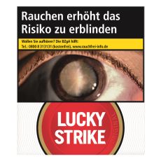 Schachtel Zigaretten Lucky Strike Original Rot King. Weiße Packung mit rotem Lucky Strike Logo und Auge.