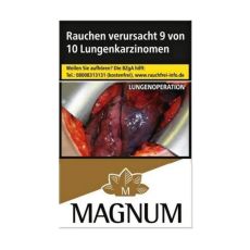 Schachtel Zigaretten Magnum Gold Mega Pack. Große gold-weiße Packung mit schwarzer Magnum Aufschrift und goldener Blätterkrone.