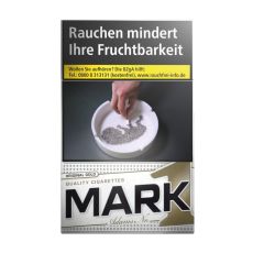 Schachtel Zigaretten Mark Adams No.1 Gold. Gold-weiße Packung mit schwarz-goldenem Mark 1 Logo.