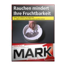 Schachtel Zigaretten Mark Adams No.1 Rot. Große rot-weiße Packung mit schwarz-rotem Mark 1 Logo.