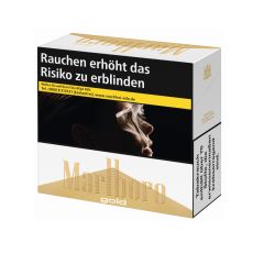 Schachtel Zigaretten Marlboro Gold 5XL. Gold-weiße Packung mit Marlboro Logo.