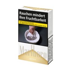 Schachtel Zigaretten Marlboro Gold. Gold-weiße Packung mit Marlboro Logo und Warnhinweis.