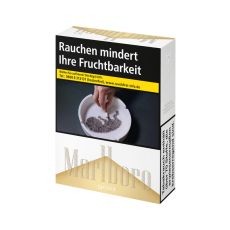 Schachtel Zigaretten Marlboro Gold XL. Gold-weiße Packung mit Marlboro Logo.