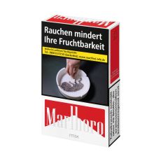 Schachtel Zigaretten Marlboro Mix. Weiß-rote Packung mit Marlboro Aufschrift.