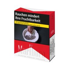 Schachtel Zigaretten Marlboro rot 2XL. Rot-weiße Packung mit Marlboro Logo und Warnhinweis.