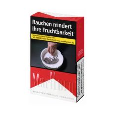 Schachtel Zigaretten Marlboro rot L. Rot-weiße Packung mit Warnhinweis Aschenbecher.