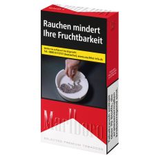 Schachtel Zigaretten Marlboro rot Long. Schmale Rot-weiße Packung mit Marlboro Logo.