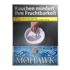 Schachtel Zigaretten Mohawk Blue Big. Große blaue Packung mit Bergen und Indianer und grauer Mohawk Aufschrift.