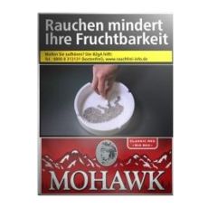 Schachtel Zigaretten Mohawk Cassic Red Big. Große rote Packung mit Bergen und Indianer und grauer Mohawk Aufschrift.