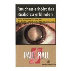 Schachtel Zigaretten Pall Mall Authentic rot. Braune Packung mit zwei rote Streifen und weißem Pall Mall Logo.