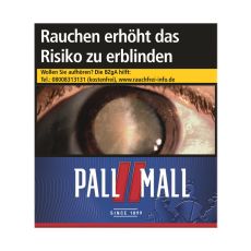 Schachtel Zigaretten Pall Mall Rot King. Dunkelblaue Packung mit rotem Pausezeichen und weißem Pall Mall Logo.