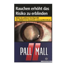 Schachtel Zigaretten Pall Mall rot. Dunkelblaue Packung mit roten Streifen und weißem Pall Mall Logo.