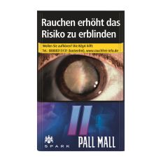 Schachtel Zigaretten Pall Mall Spark. Dunkelblau gemusterte Packung mit hellblauen rosa Pausezeichen und weißem Pall Mall Logo.