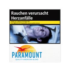 Schachtel Zigaretten Paramount Blue 5XL. Große weiße Packung mit mit blauem Paramont Logo, Sonne und Vogel.